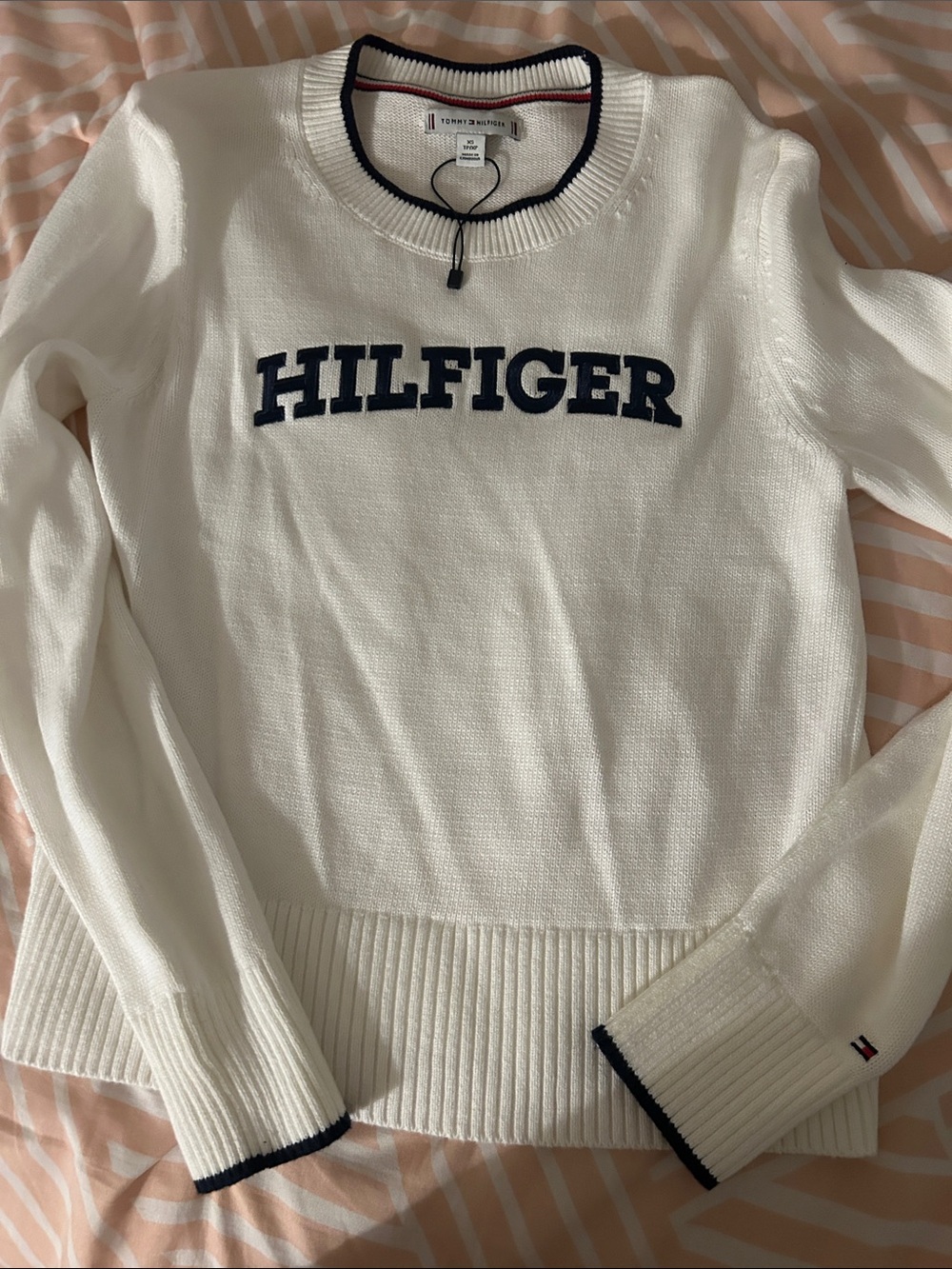 Tommy Hilfiger White Crewneck Sweater with Navy Logo